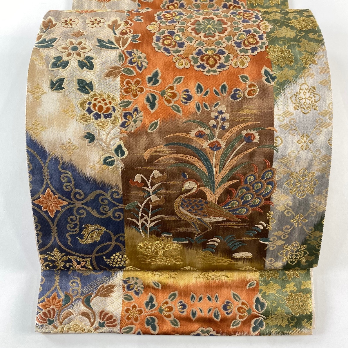 【美品】 袋帯 秀品 華文 花鳥 金糸 箔 茶色 六通 正絹 【中古】拍卖