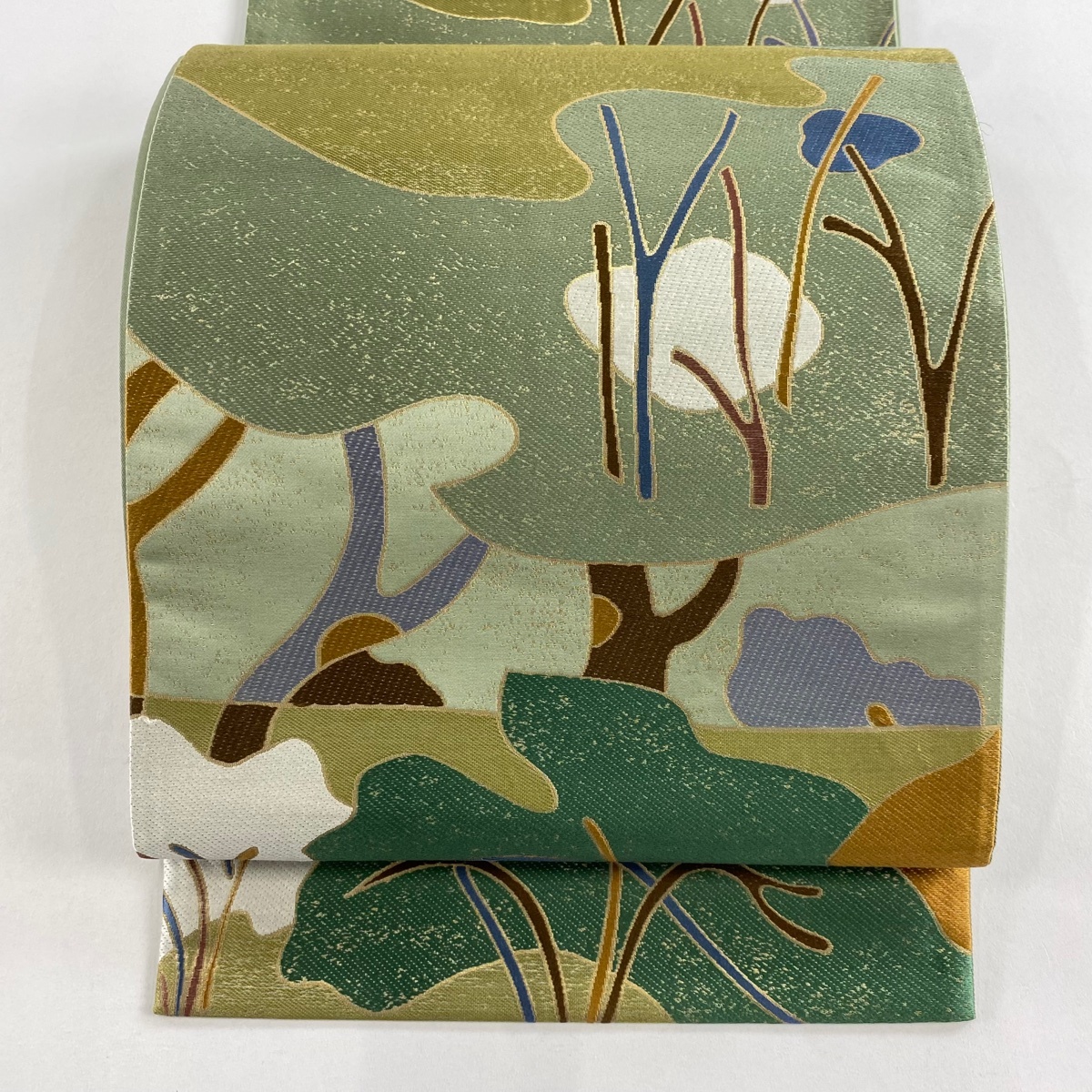 袋帯 秀品 樹木 幾何学模様 箔 薄緑 六通 正絹 【中古】拍卖