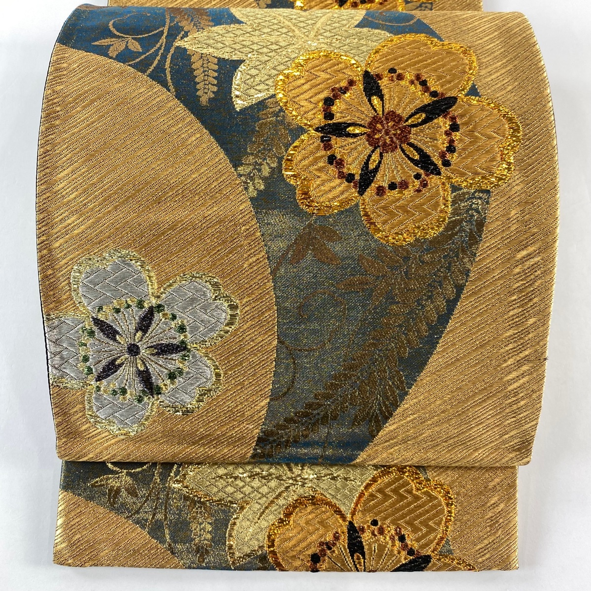 袋帯 秀品 桜 楓 箔 金銀糸 金色 六通 正絹 【中古】拍卖