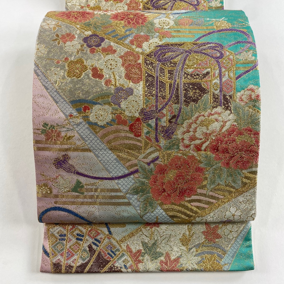 袋帯 秀品 貝桶 草花 金糸 箔 緑 六通 正絹 【中古】拍卖