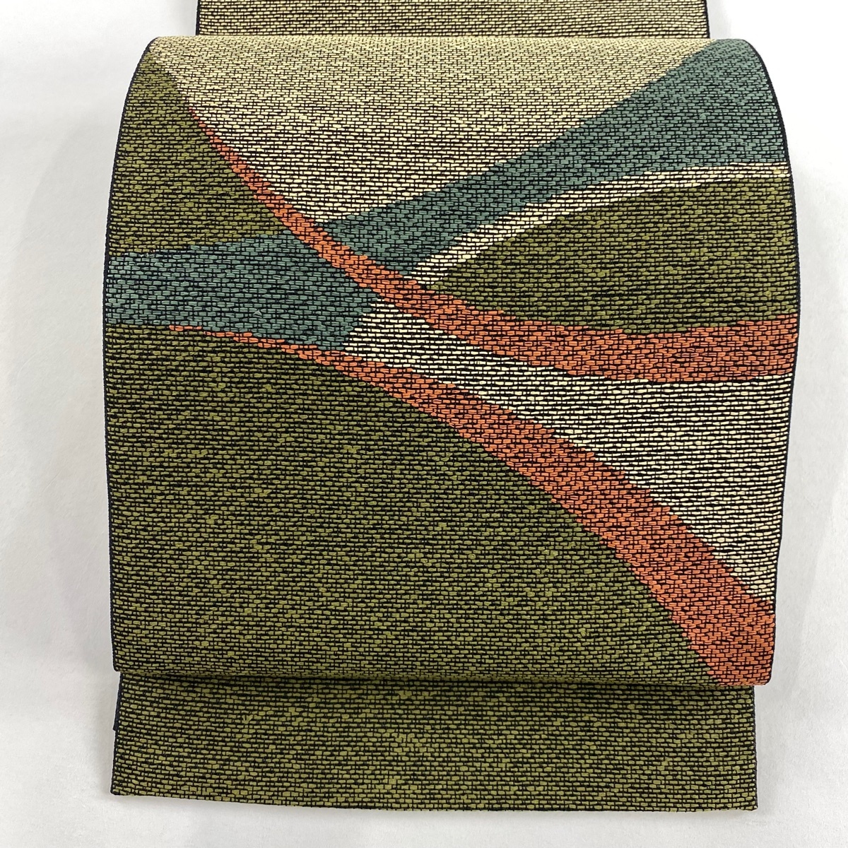 【美品】 袋帯 秀品 幾何学 茶緑色 お太鼓柄 正絹 【中古】拍卖