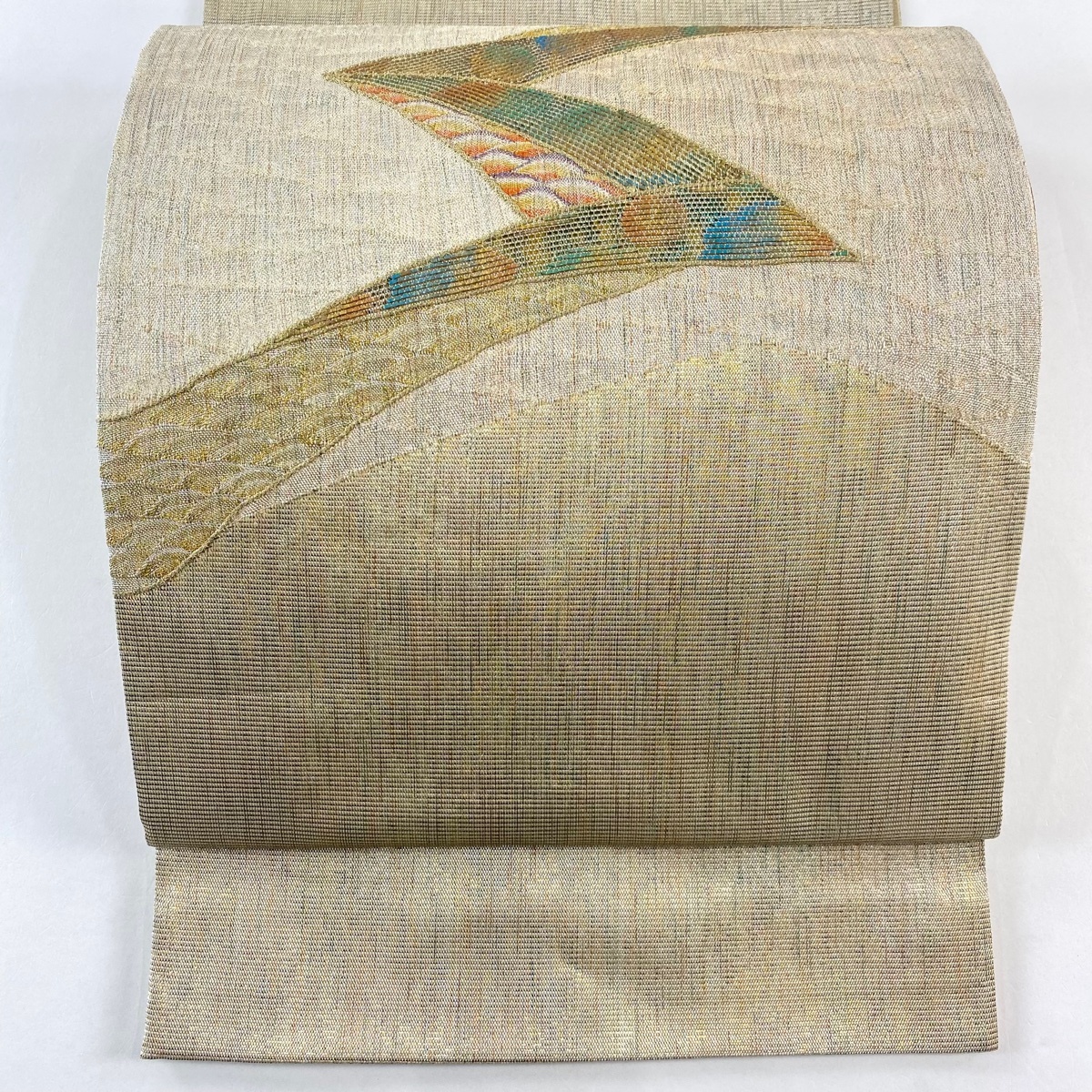 【美品】 袋帯 秀品 幾何学模様 青海波 金銀糸 箔 金色 お太鼓柄 正絹 【中古】拍卖