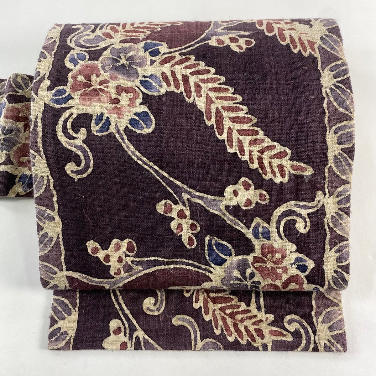 名古屋帯 名品 枝花 葉と実 ぼかし 紫 正絹 【中古】拍卖