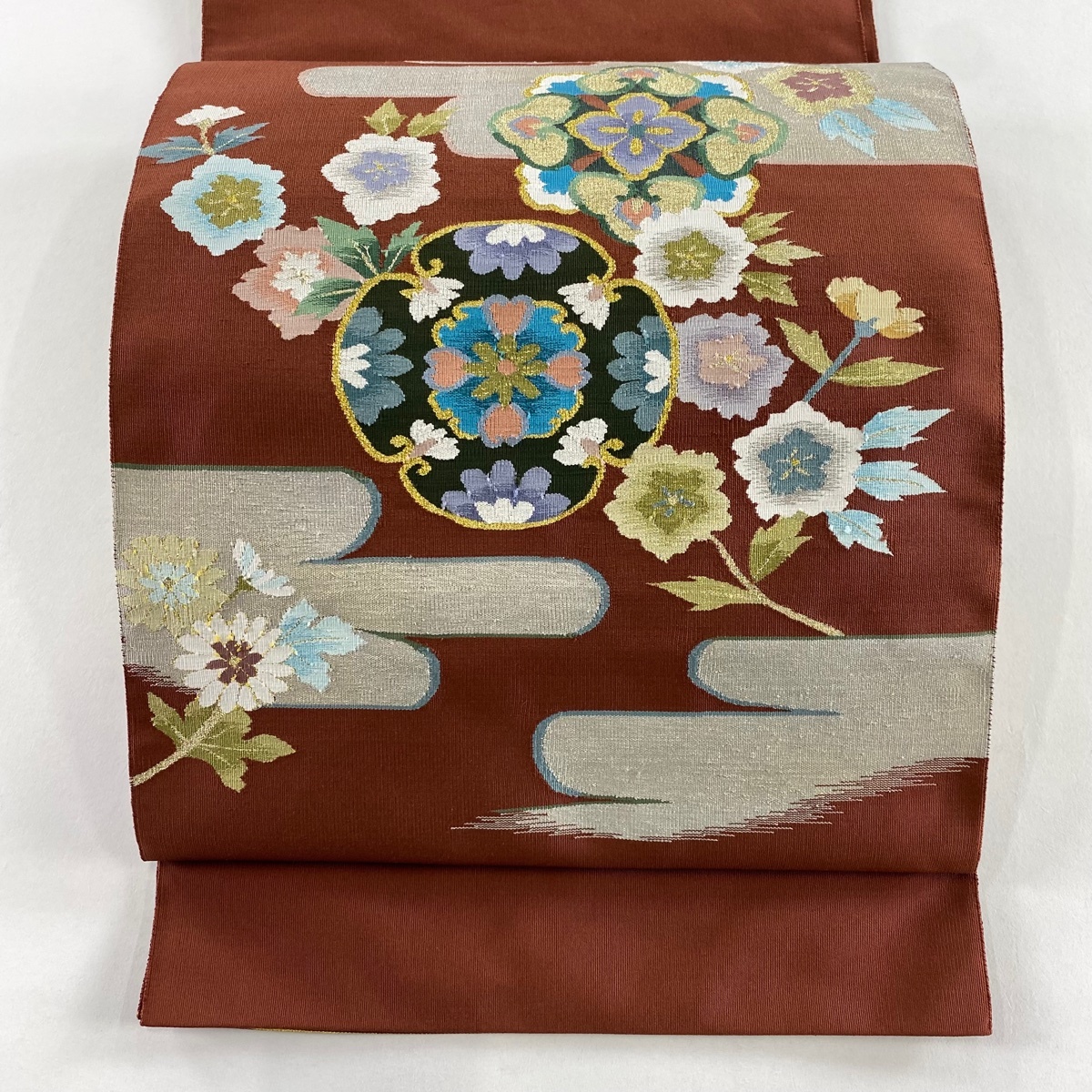 名古屋帯 名品 八寸名古屋帯 草花 霞 金銀糸 赤茶 正絹 【中古】拍卖