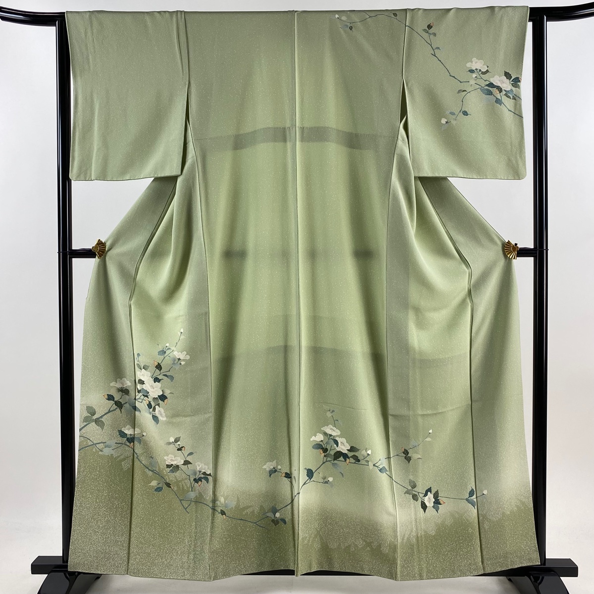 訪問着 身丈159.5cm 裄丈63cm S 袷 枝花 シルエット 染め分け ぼかし 薄緑 正絹 秀品 【中古】拍卖