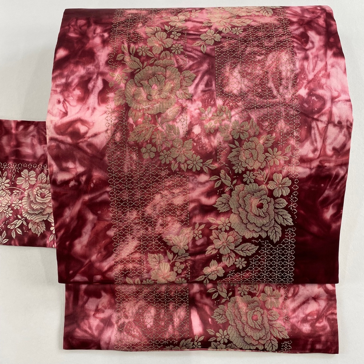 【美品】 名古屋帯 秀品 草花 幾何学 ピンク 正絹 【中古】拍卖