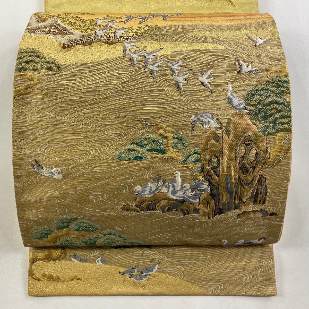 【美品】 袋帯 秀品 風景 鳥 金糸 箔 金色 六通 正絹 【中古】拍卖