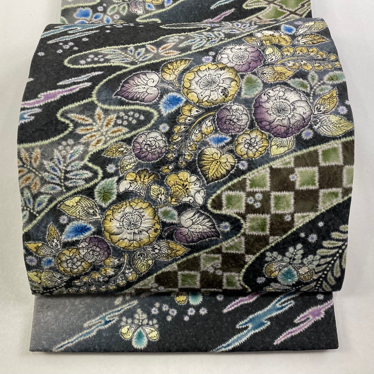 【美品】 袋帯 名品 辻が花柄 霞 箔 絞り 灰緑 お太鼓柄 正絹 【中古】拍卖