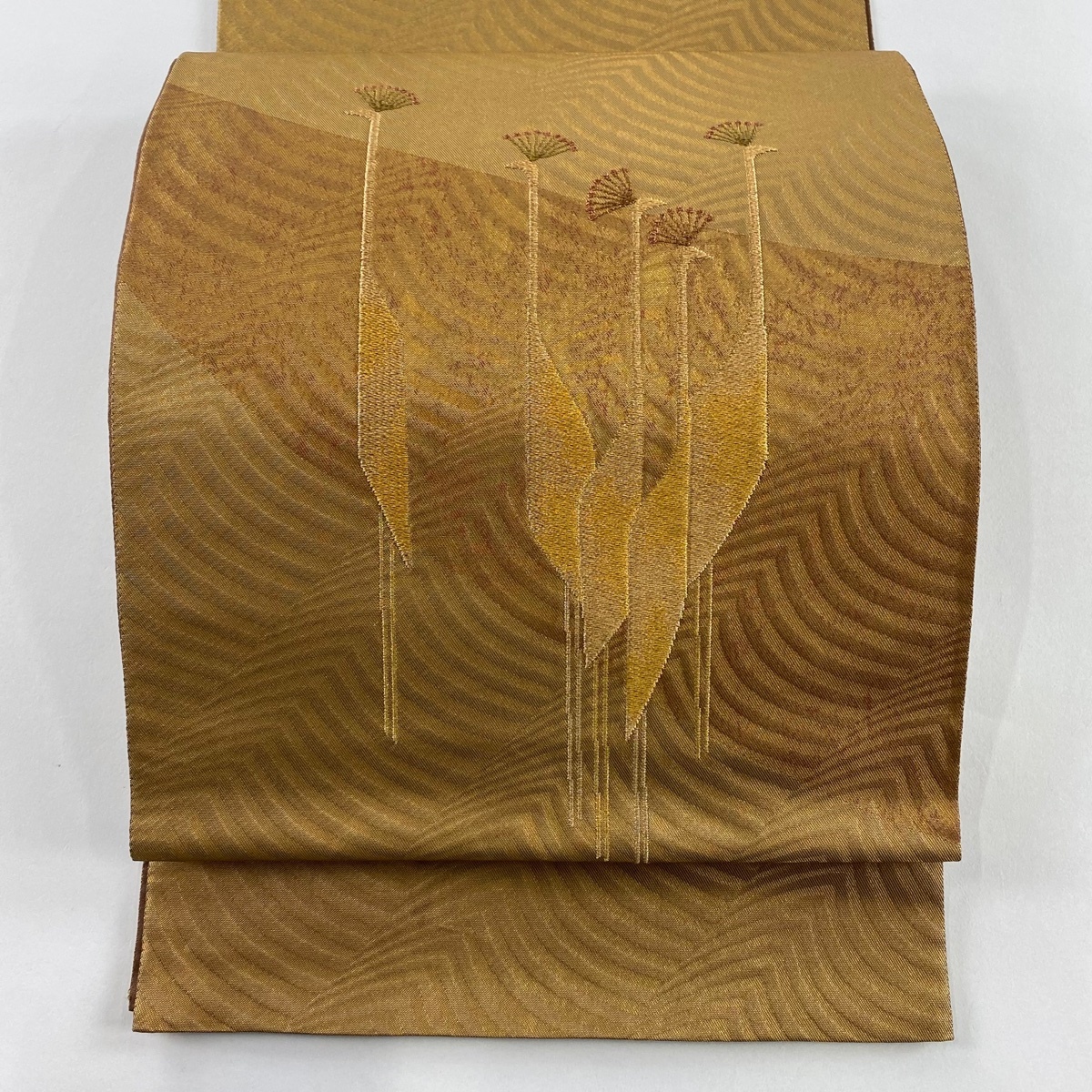 【美品】 袋帯 名品 祥園 落款 純金箔錦 冠鶴 幾何学 箔 金糸 金茶 お太鼓柄 正絹 【中古】拍卖