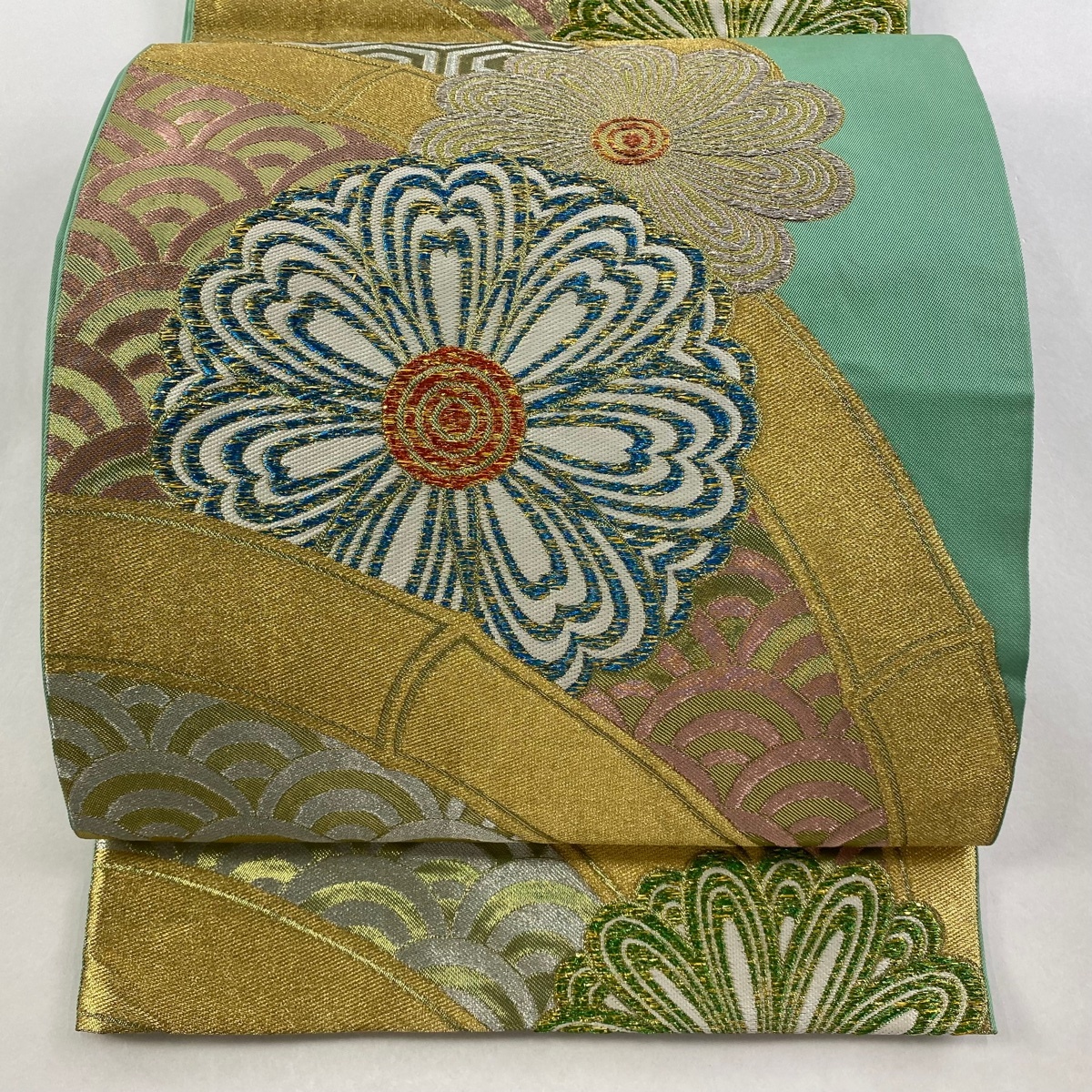 袋帯 逸品 川島織物 落款 花 青海波 箔 金銀糸 薄緑 六通 正絹 【中古】拍卖