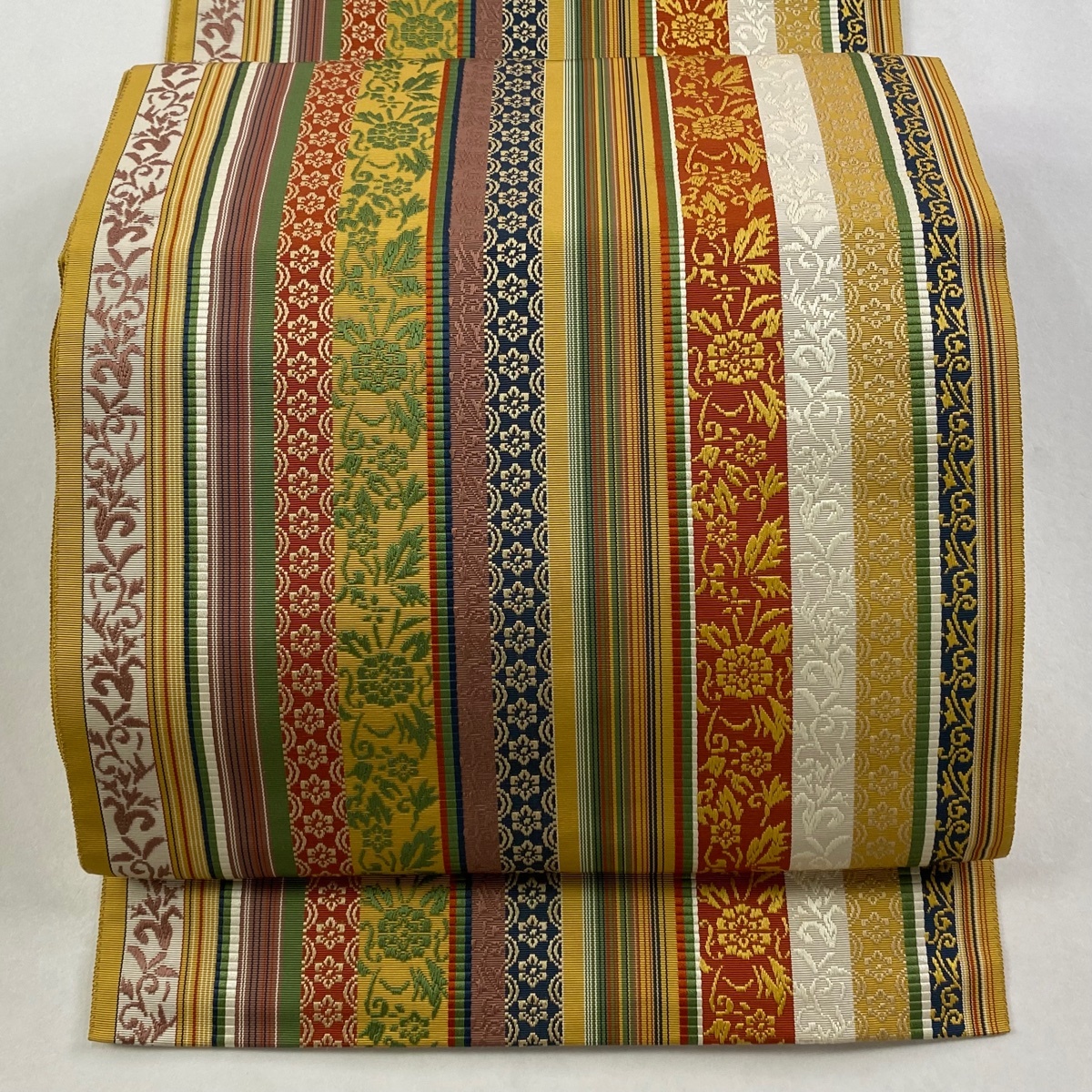 【美品】 名古屋帯 逸品 八寸名古屋帯 松葉仕立て 縞模様 草花 山吹色 正絹 【中古】拍卖