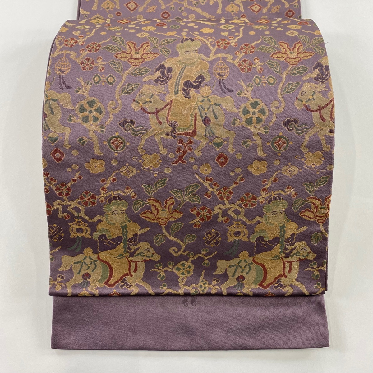 【美品】 袋帯 秀品 落款 証紙 あらいそ 人物 馬 箔 紫 六通 正絹 【中古】拍卖