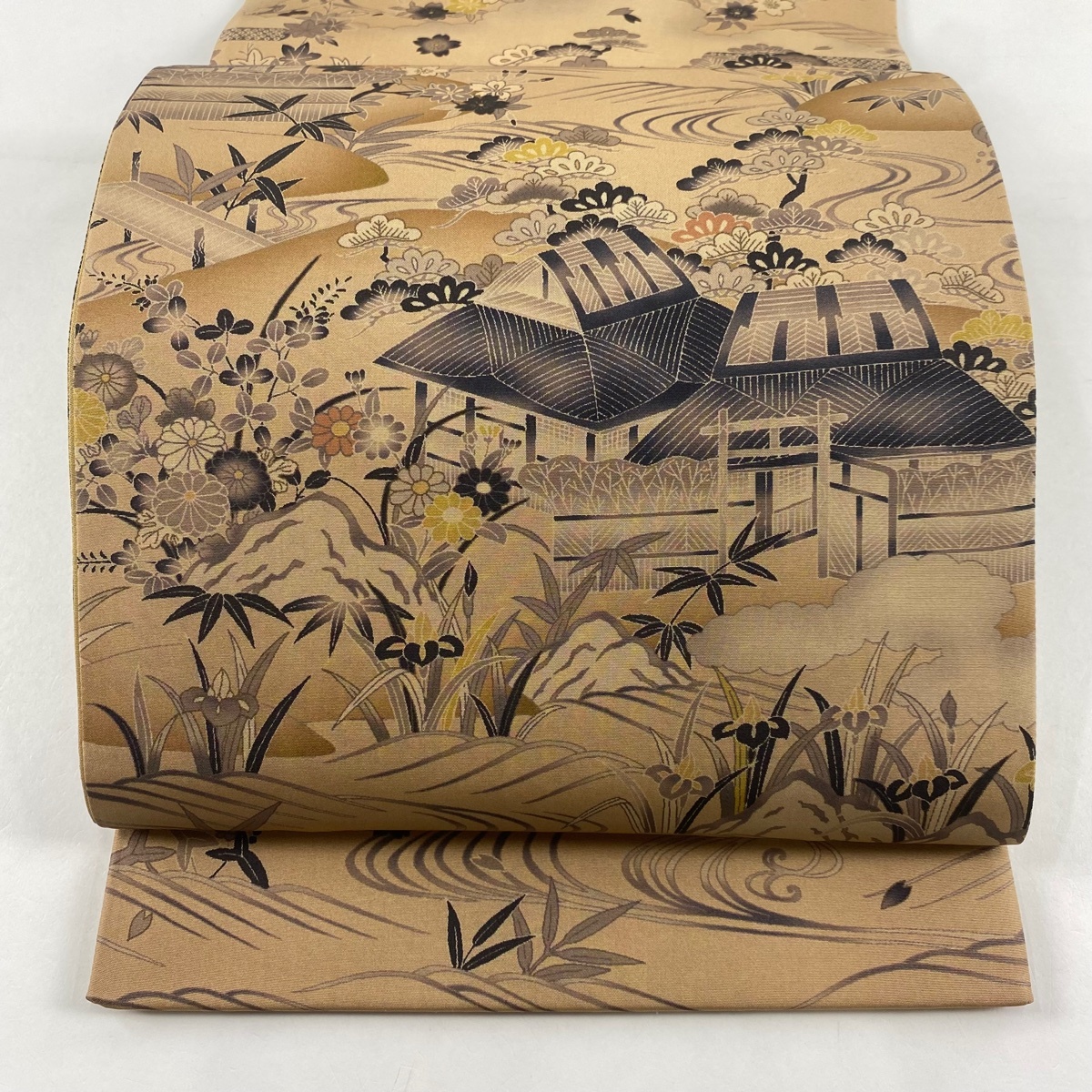 【美品】 袋帯 秀品 柿渋染 家屋 松竹梅 薄茶色 お太鼓柄 正絹 【中古】拍卖