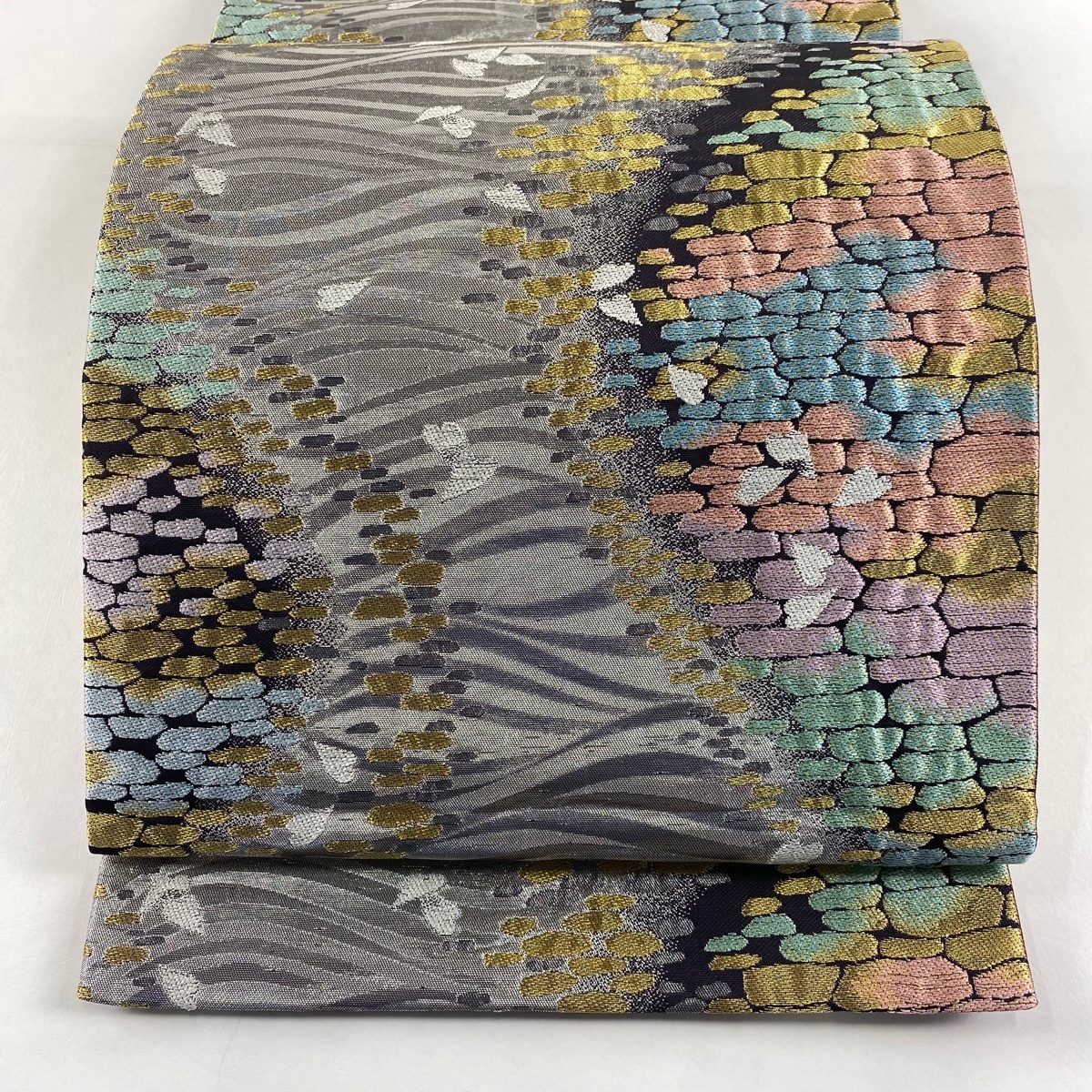 袋帯 秀品 幾何学 花びら 箔 金銀糸 銀色 六通 正絹 【中古】拍卖