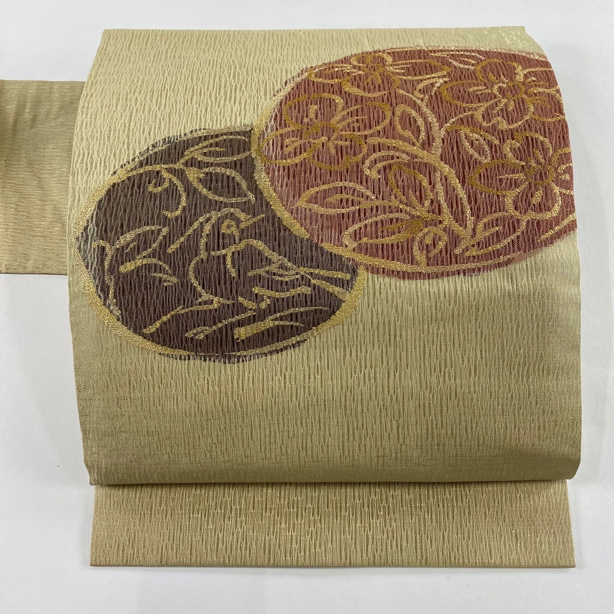 【美品】 名古屋帯 秀品 草花 鳥 箔 金糸 薄茶色 正絹 【中古】拍卖