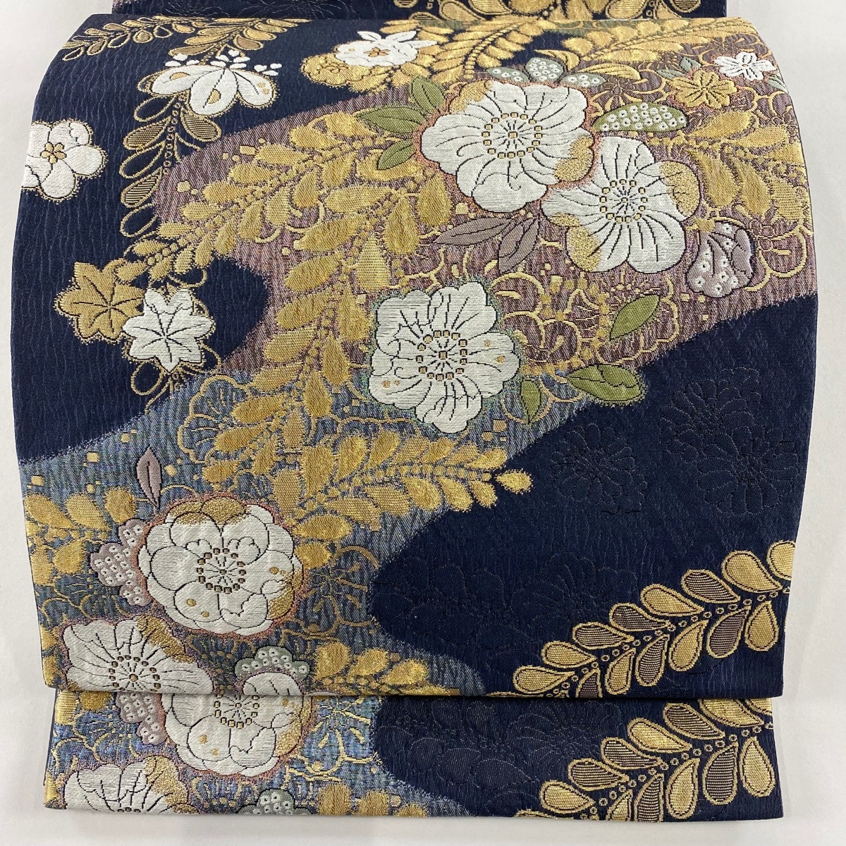 【美品】 袋帯 秀品 辻が花 金糸 箔 紺色 六通 正絹 【中古】拍卖