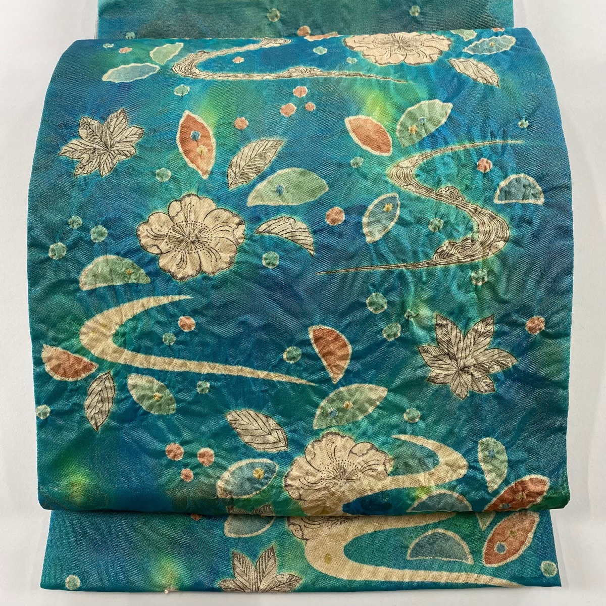 【美品】 袋帯 秀品 草花 流水 金糸 箔 薄青緑 お太鼓柄 正絹 【中古】拍卖