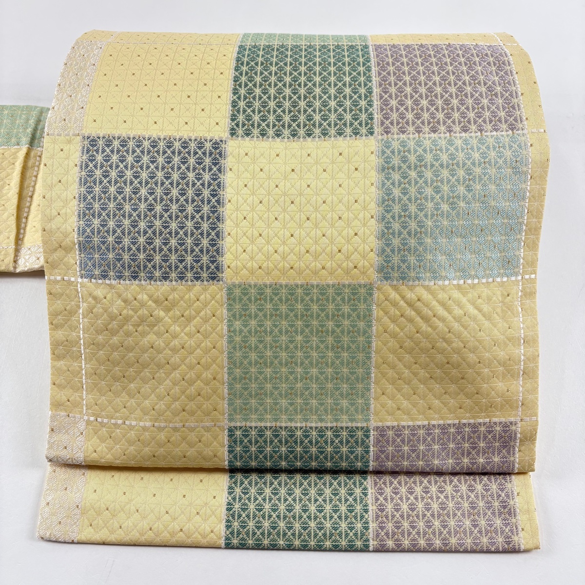 【美品】 名古屋帯 秀品 格子 斜め格子 金糸 黄色 正絹 【中古】拍卖