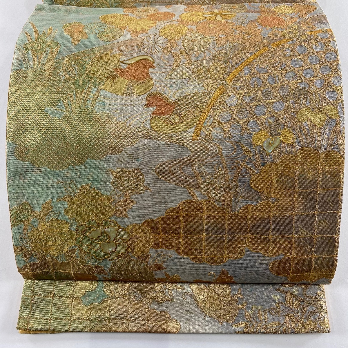 袋帯 秀品 花鳥 蝶 螺鈿 箔 銀色 お太鼓柄 正絹 【中古】拍卖