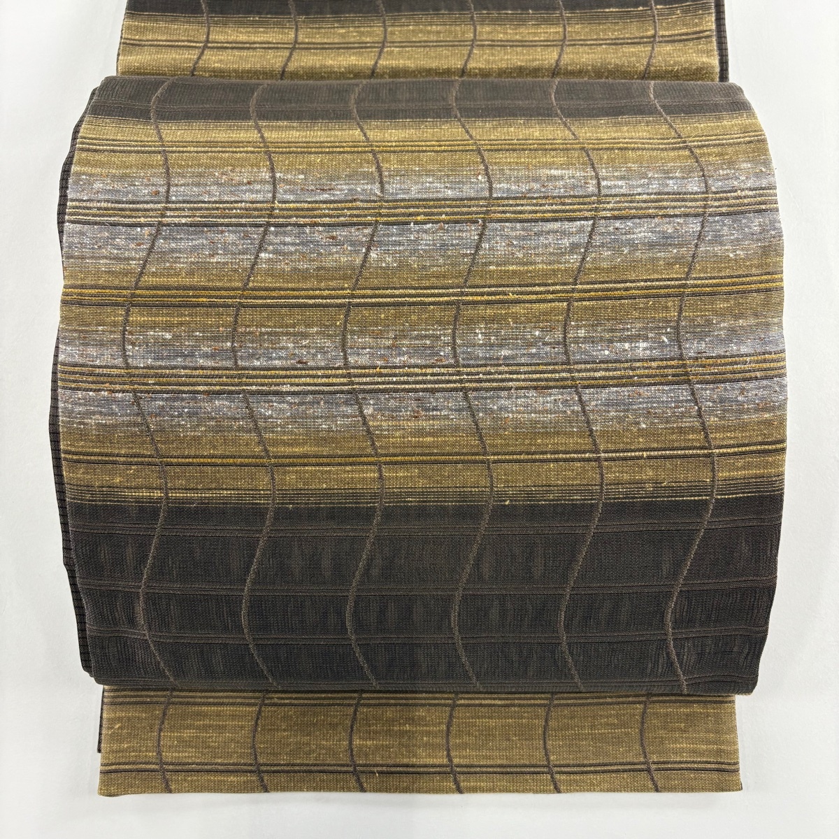 【美品】 袋帯 名品 段縞 よろけ縞 焦茶色 六通 正絹 【中古】拍卖