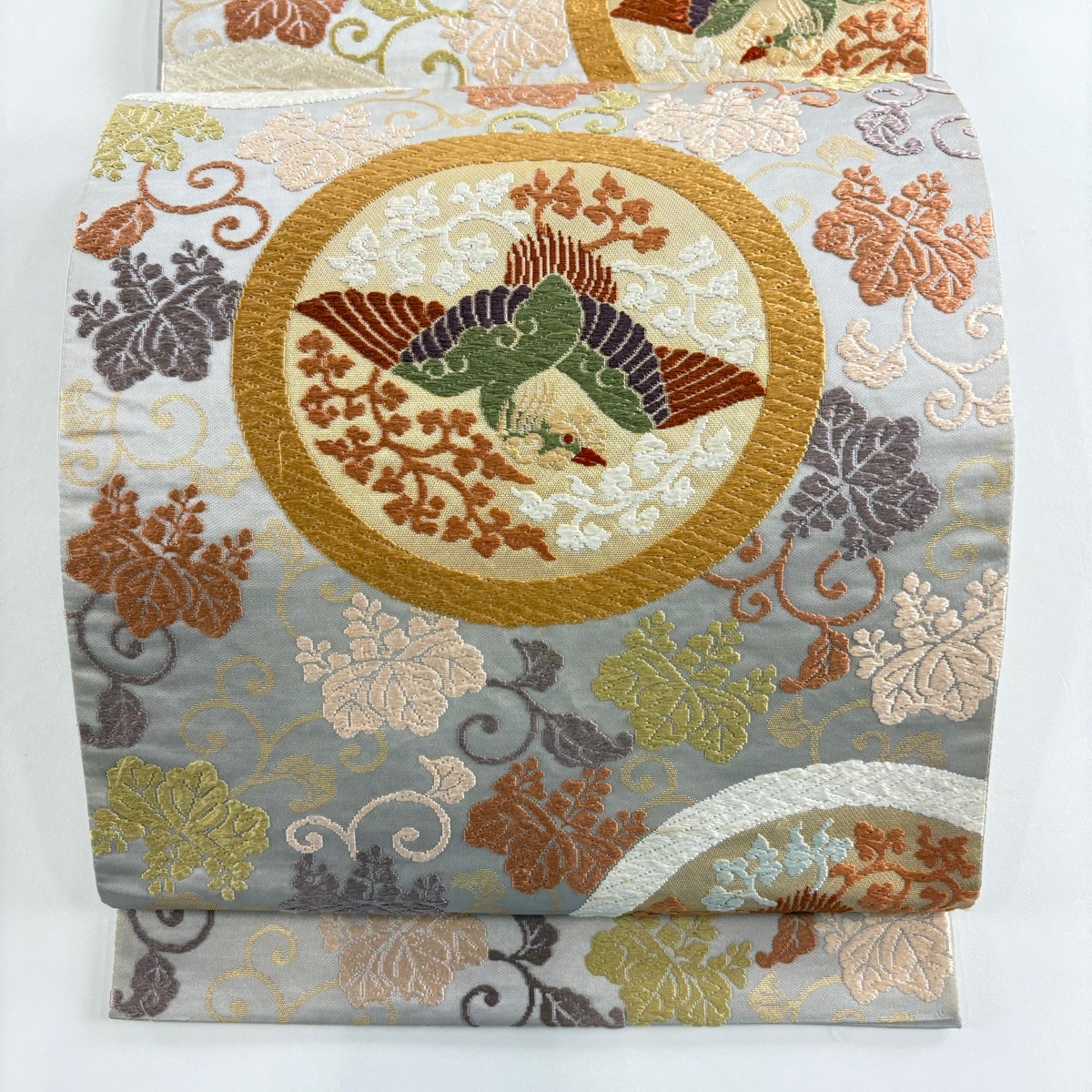 袋帯 名品 河合美術織物 落款 鳳凰 桐唐草 唐織 箔 灰色 六通 正絹 【中古】拍卖