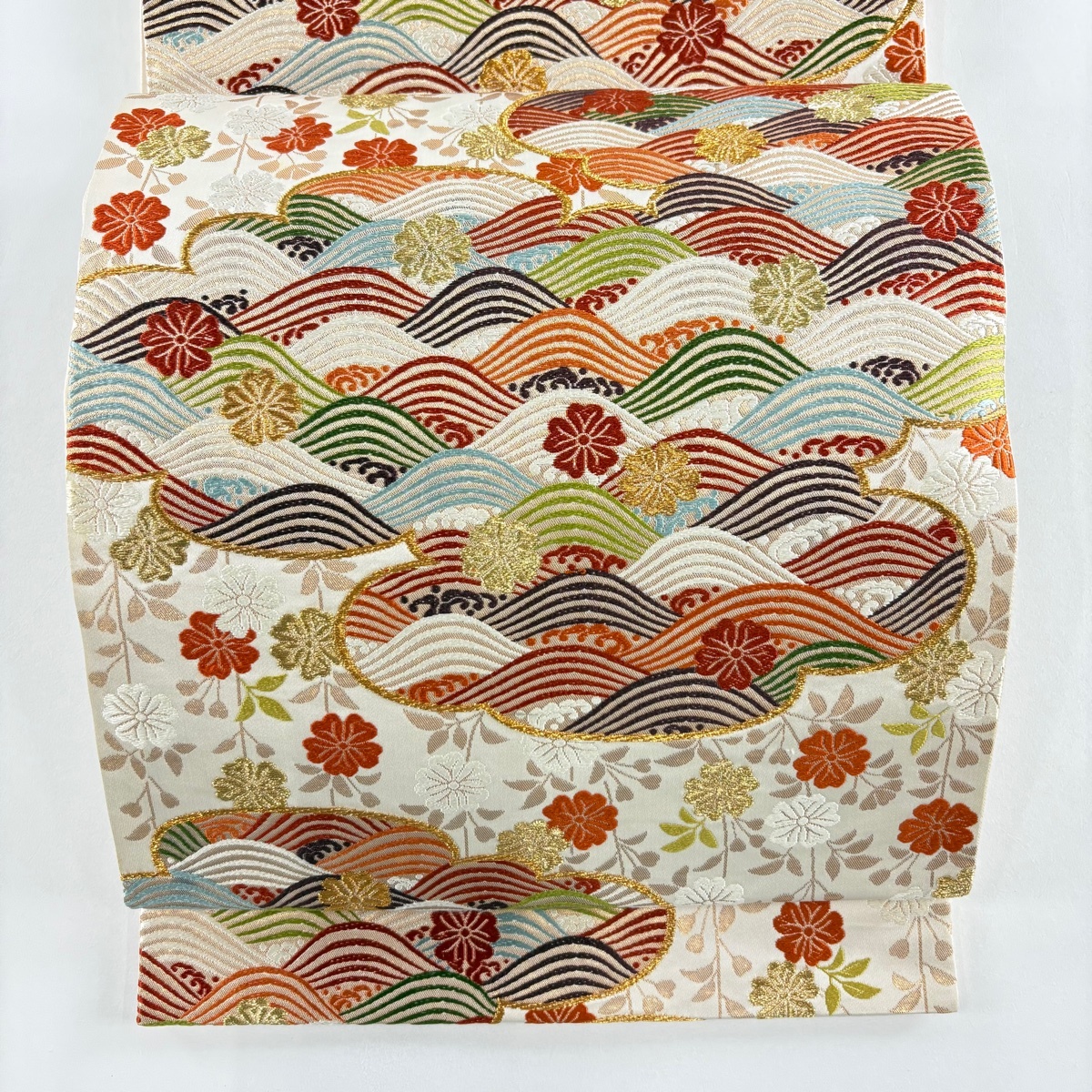 袋帯 名品 河合美術織物 落款 波 枝垂れ桜 金糸 箔 ベージュ 六通 正絹 【中古】拍卖