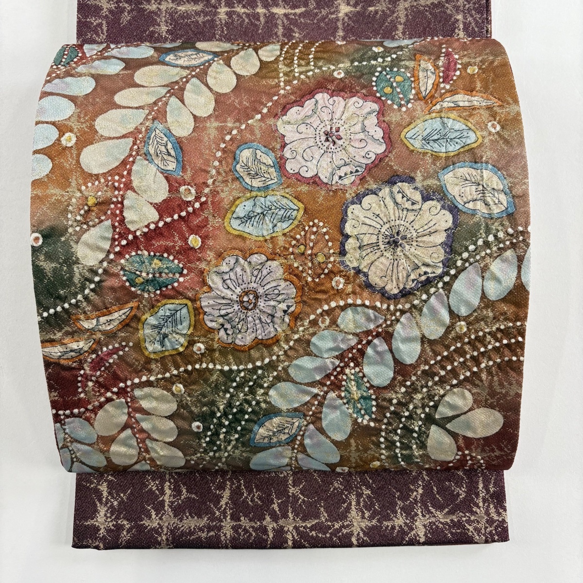 袋帯 名品 落款 辻が花 金通し 赤茶 正絹 【中古】拍卖