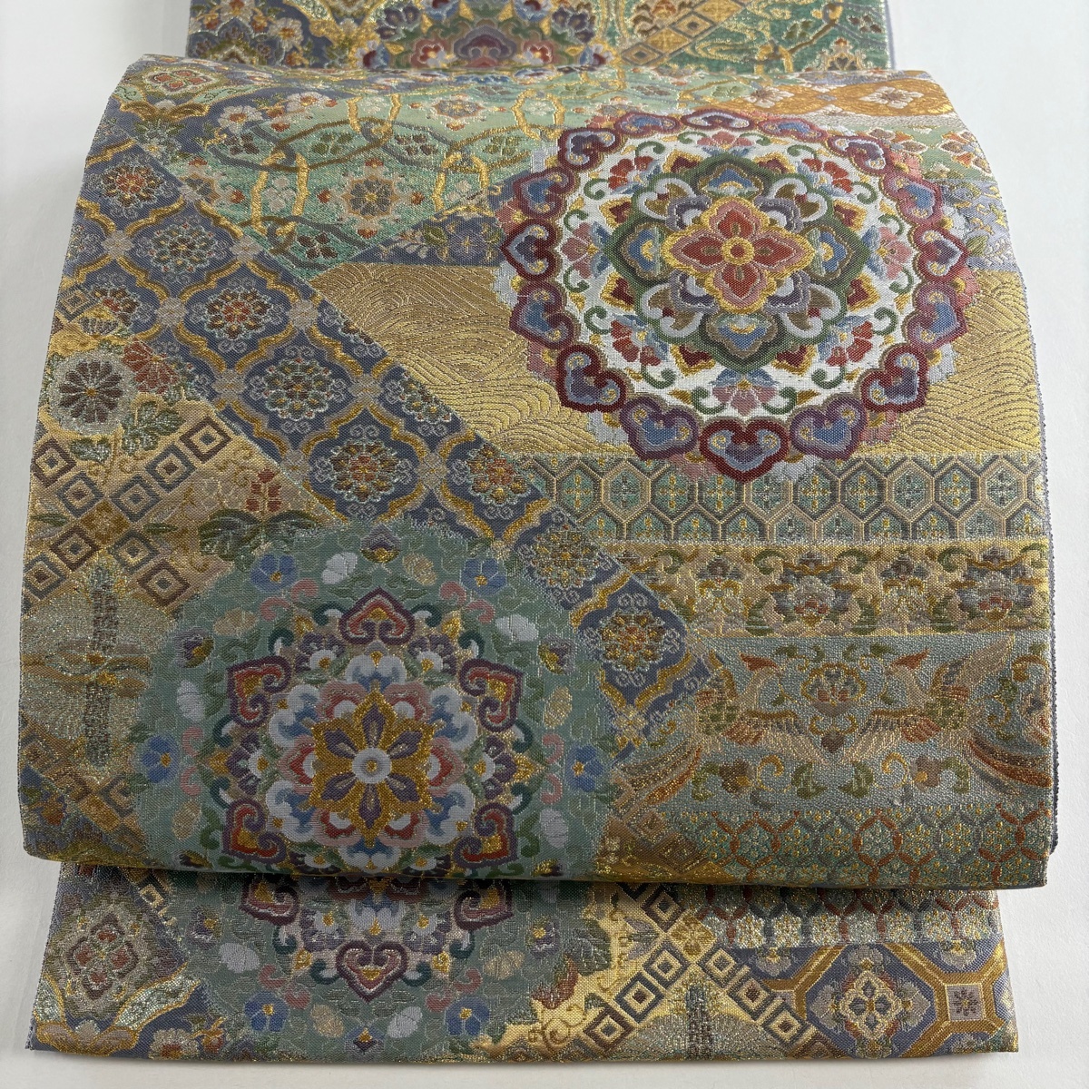 袋帯 秀品 華文 花鳥 金糸 箔 灰紫 六通 正絹 【中古】拍卖