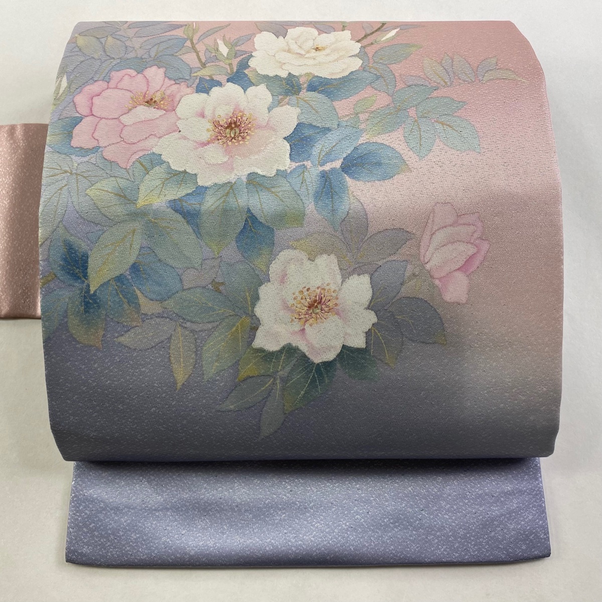 【美品】 名古屋帯 秀品 二代目清次郎 落款 枝花 箔 薄ピンク 正絹 【中古】拍卖