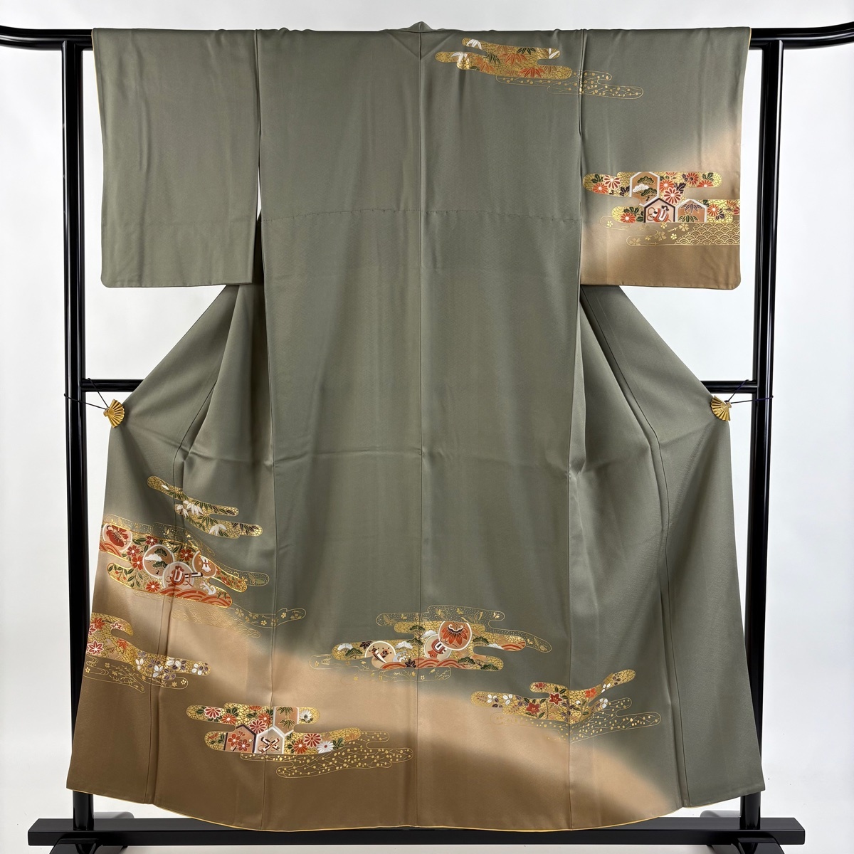 訪問着 身丈155cm 裄丈61cm S 袷 霞 鎌倉文 金糸 金彩 茶緑色 正絹 秀品 【中古】拍卖