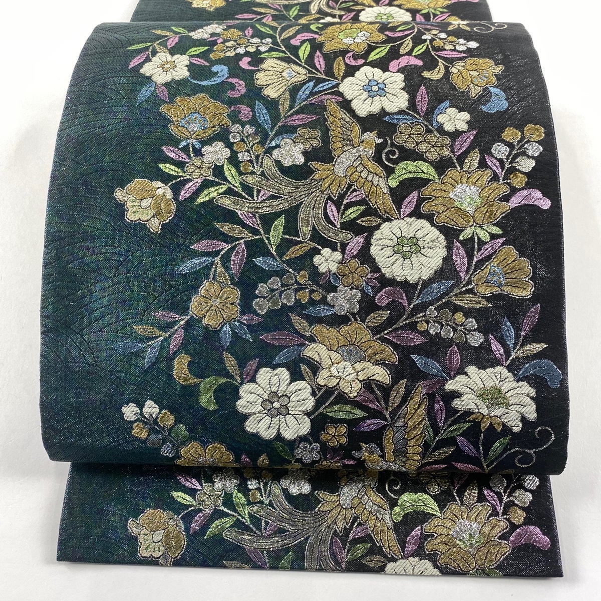 袋帯 秀品 草花 尾長鳥 金糸 箔 緑 六通 正絹 【中古】拍卖