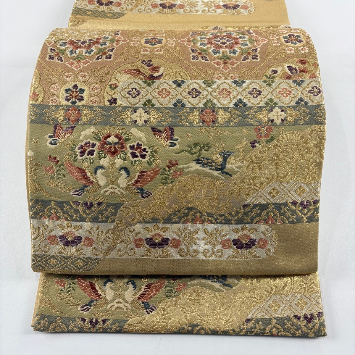 【美品】 袋帯 秀品 華文 七宝 金糸 箔 金色 六通 正絹 【中古】拍卖