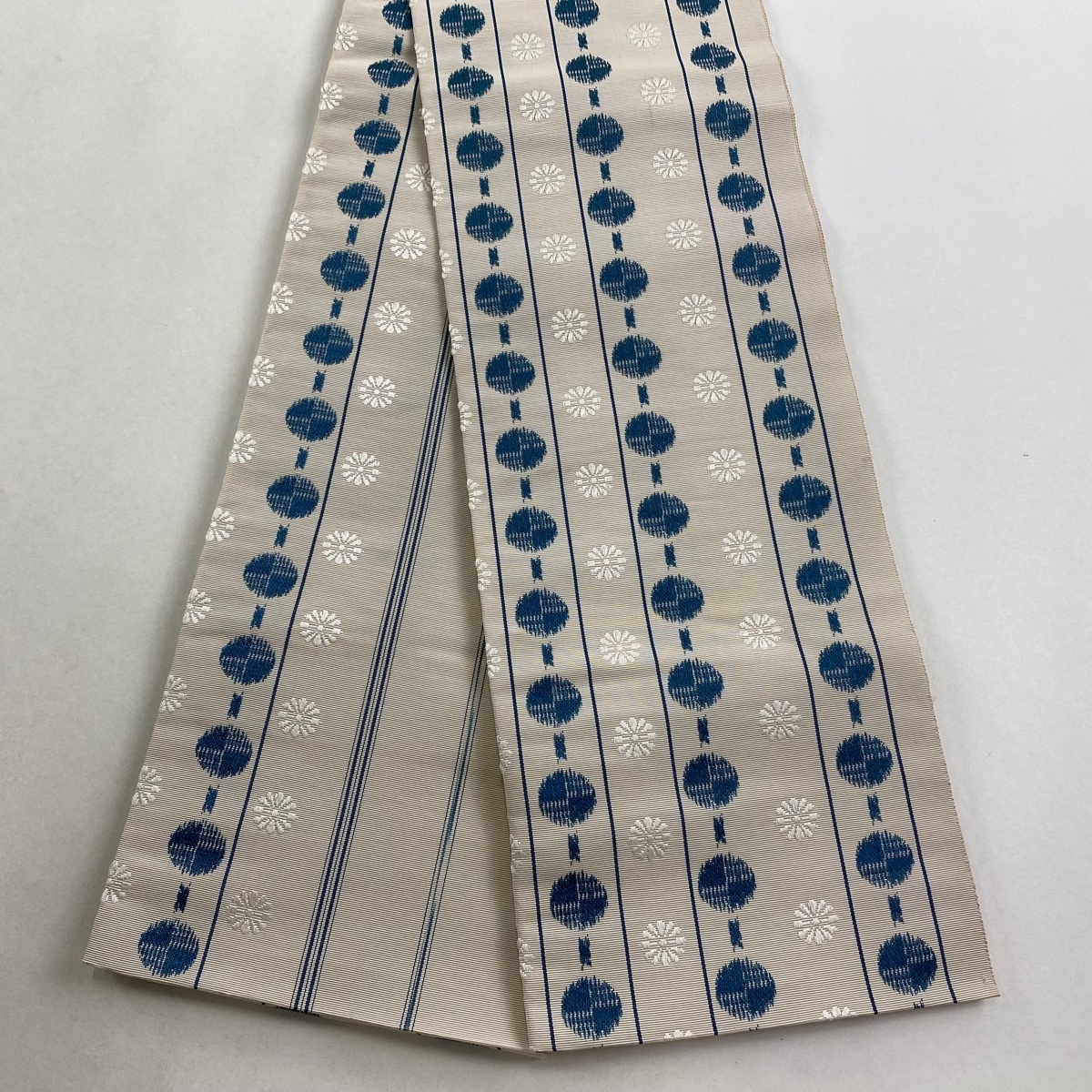 半幅帯 秀品 博多織 証紙 縞 丸文 ベージュ 正絹 【中古】拍卖