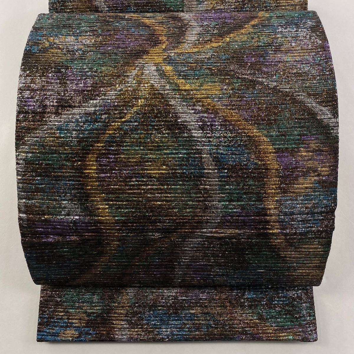 袋帯 名品 幾何学模様 ラメ箔 茶紫 六通 正絹 【中古】拍卖