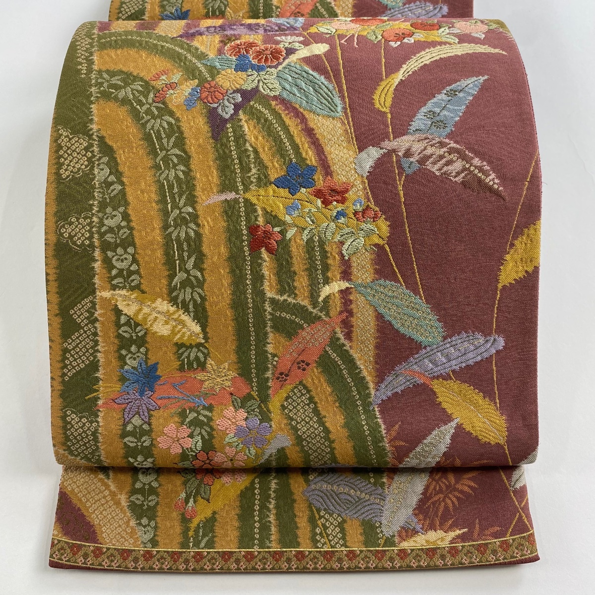 袋帯 秀品 関西仕立て 笹 波 赤紫 六通 正絹 【中古】拍卖