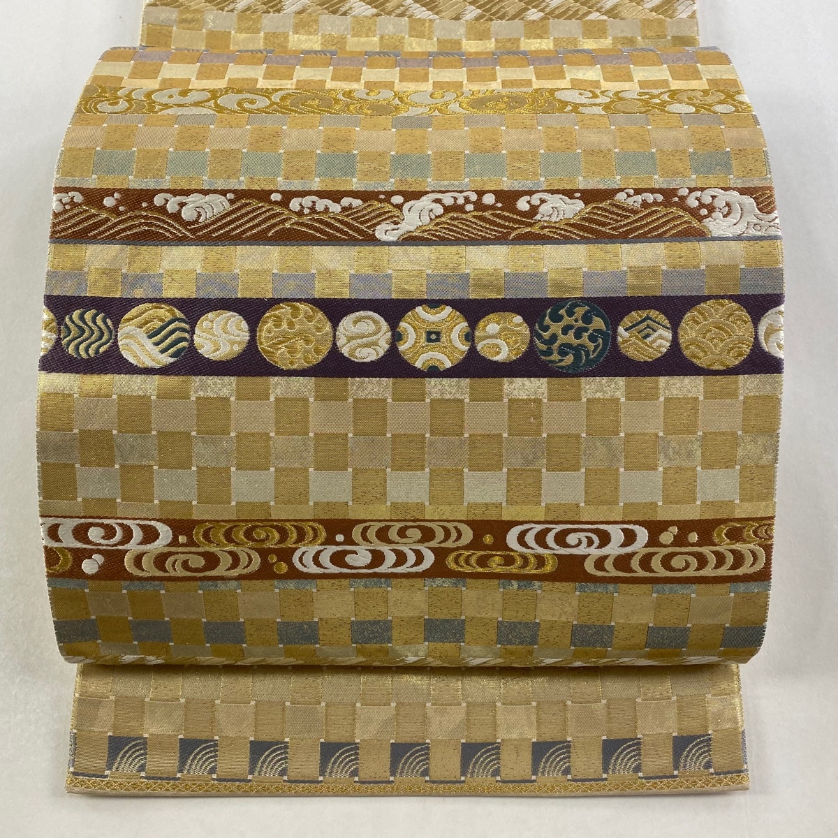袋帯 秀品 丸文 波頭 金糸 箔 金色 六通 正絹 【中古】拍卖