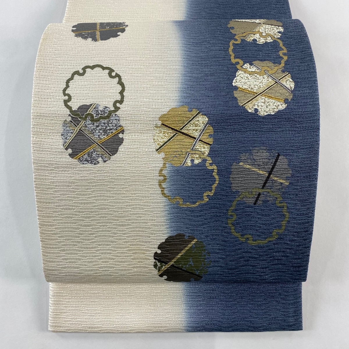 袋帯 秀品 雪輪 金銀糸 金銀彩 青灰色 お太鼓柄 正絹 【中古】拍卖