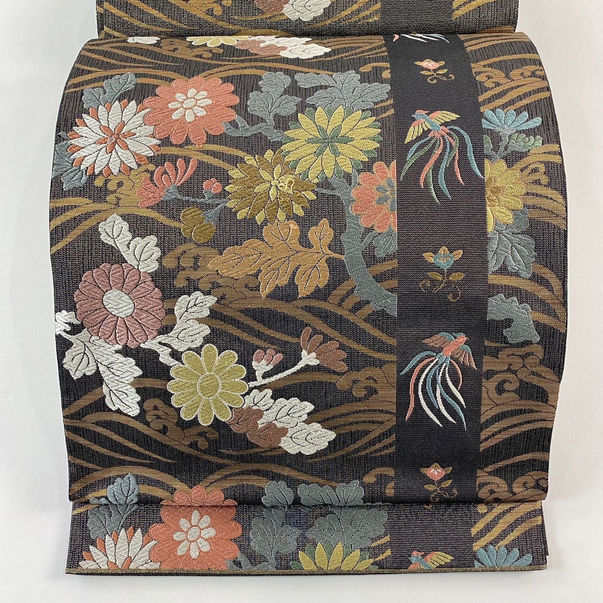 袋帯 秀品 菊 波 金通し 唐織 墨色 六通 正絹 【中古】拍卖