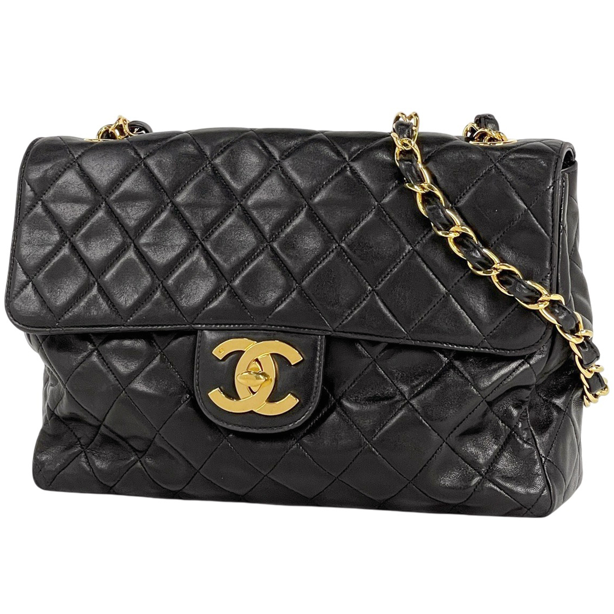 シャネル CHANEL デカ マトラッセ シングルフラップ チェーン ココマーク ショルダーバッグ レザー ブラック レディース 【中古】拍卖