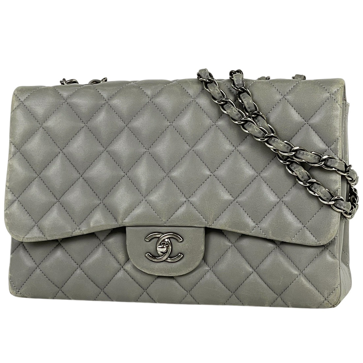 シャネル CHANEL デカ マトラッセ シングルフラップ チェーン ショルダーバッグ ココマーク Wチェーン レザー グレー レディース 【中古】拍卖