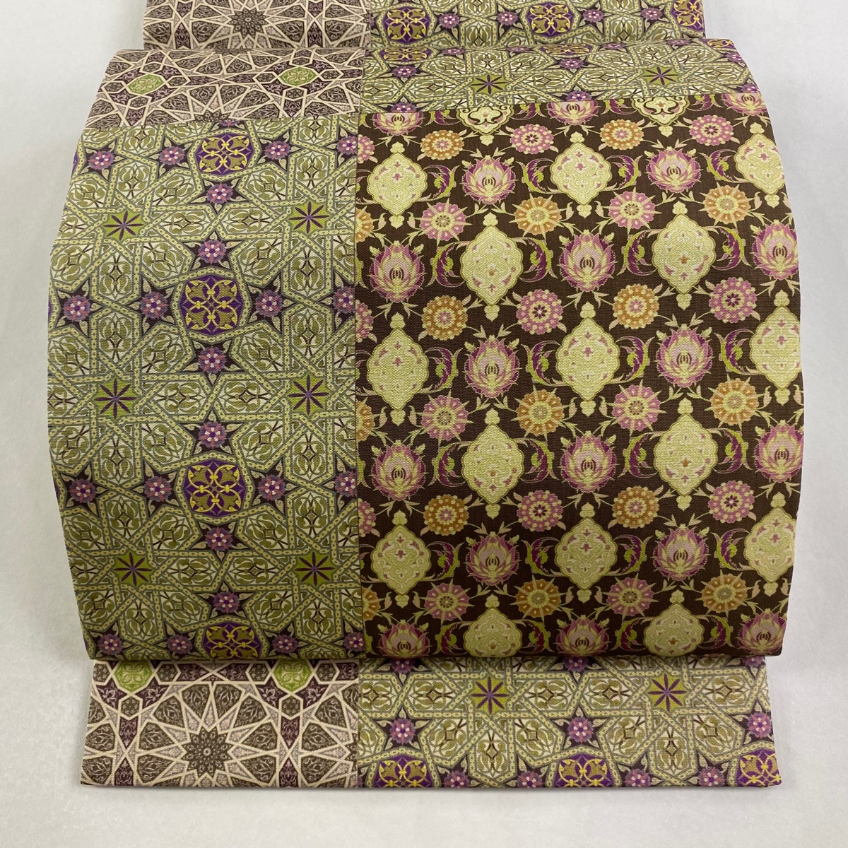 【美品】 袋帯 秀品 落款 草花 茶緑色 全通 正絹 【中古】拍卖