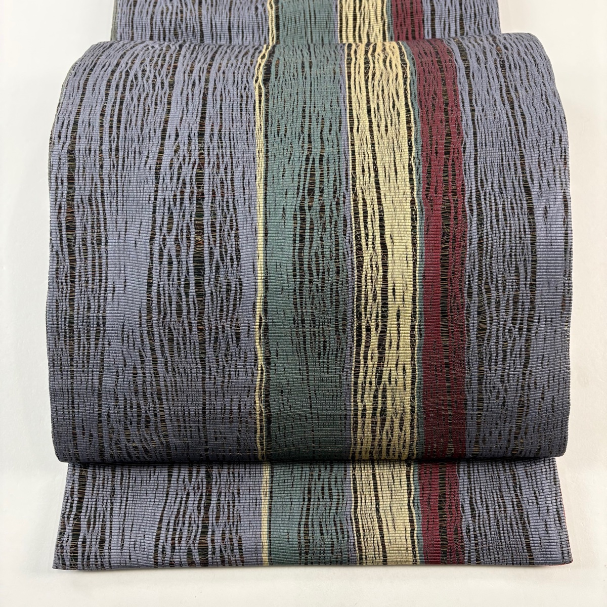 【美品】 袋帯 秀品 縞 灰紫 全通 正絹 【中古】拍卖