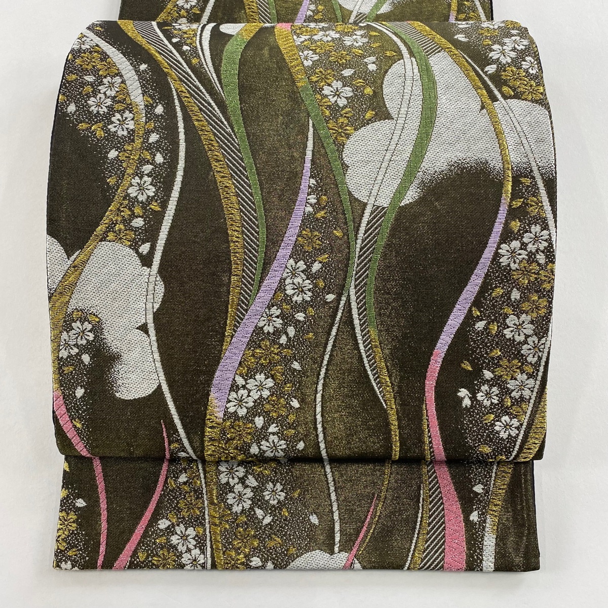 【美品】 袋帯 秀品 桜 よろけ縞 金糸 箔 金色 六通 正絹 【中古】拍卖