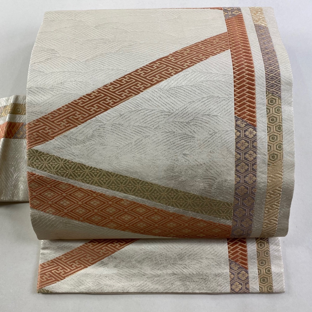 名古屋帯 優品 波 有職文様 箔 クリーム 正絹 【中古】拍卖