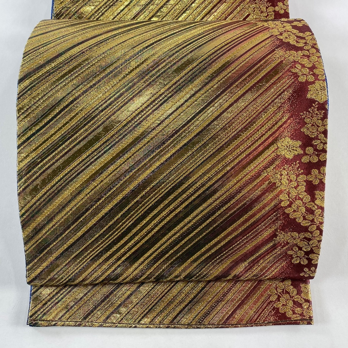 【美品】 袋帯 秀品 振袖向き 斜縞 萩 金糸 箔 金色 全通 正絹 【中古】拍卖