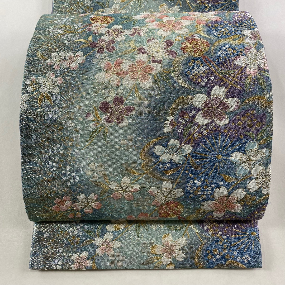 袋帯 名品 振袖向き やまと 桜 簪 金糸 ラメ糸 青緑 六通 正絹 【中古】拍卖
