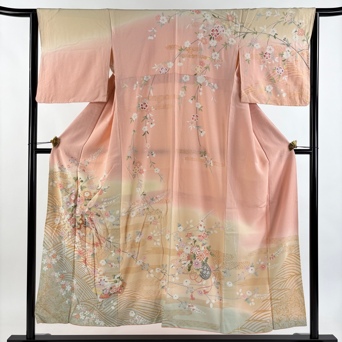 訪問着 身丈152.5cm 裄丈62.5cm S 袷 花車 波 金銀彩 ぼかし ベージュ 正絹 秀品 【中古】拍卖