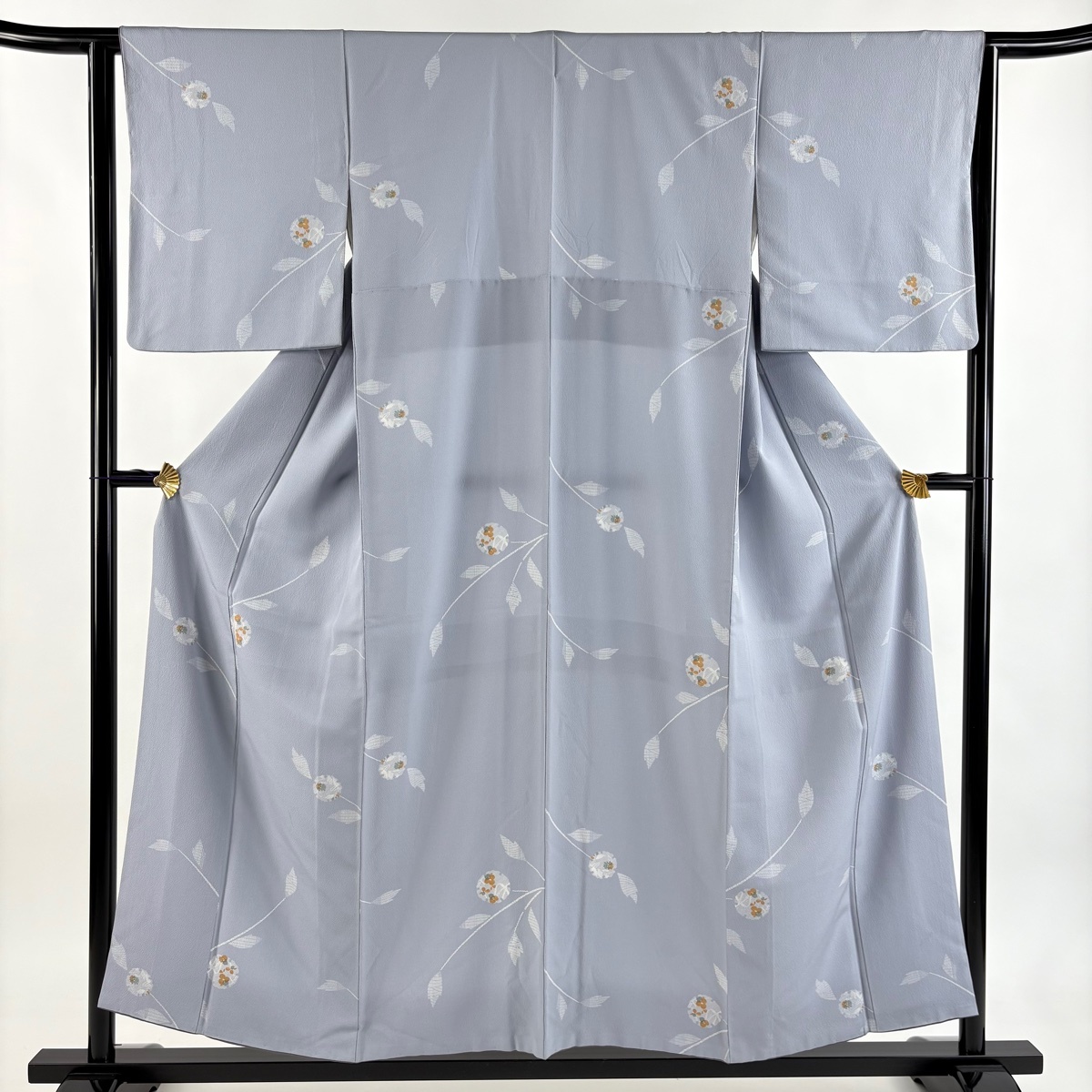 小紋 身丈153.5cm 裄丈63cm S 袷 雪輪 枝花 青灰色 正絹 秀品 【中古】拍卖