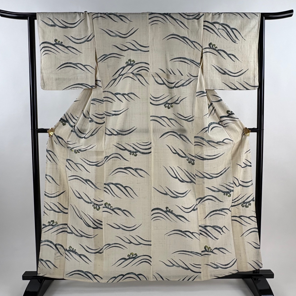 小紋 身丈159cm 裄丈63cm S 薄物 夏紬地 波頭 ベージュ 正絹 秀品 【中古】拍卖