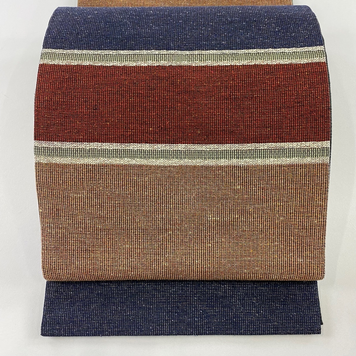 【美品】 袋帯 秀品 落款 夏帯 紋紗 段縞 金糸 箔 紺色 全通 正絹 【中古】拍卖